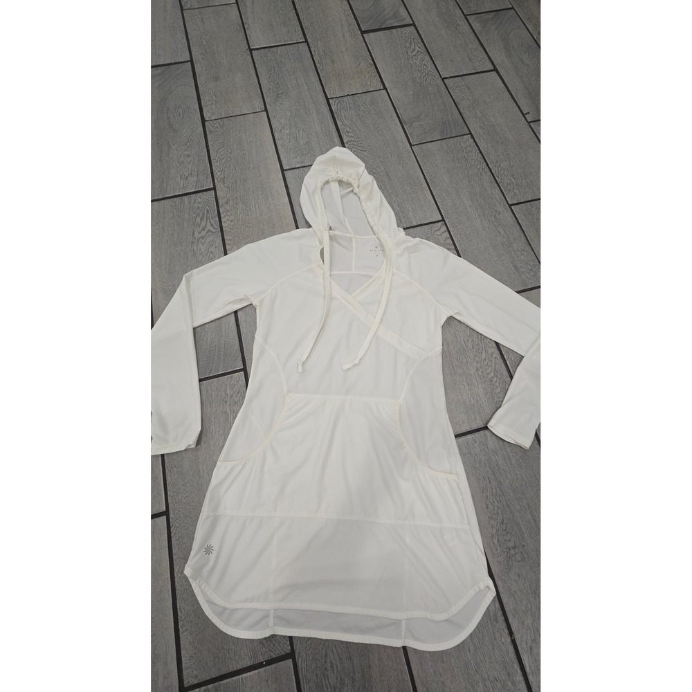Athleta Womens White Hooded Tunic Long Sleeve Kangaroo Pocket Mesh Top Size M